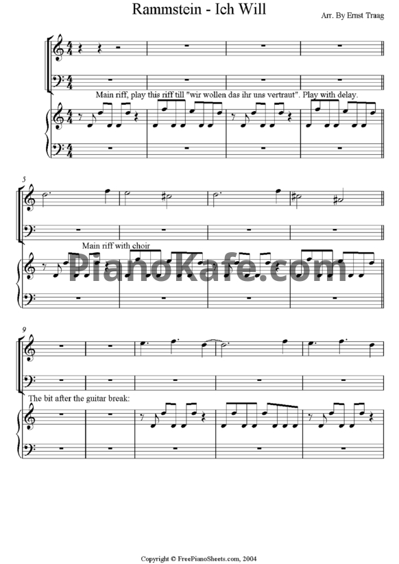 Ноты Rammstein - Ich will - PianoKafe.com