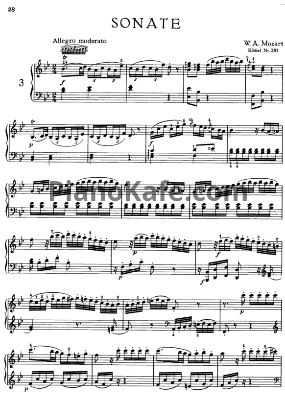 Ноты В. Моцарт - Соната №3 си-бемоль мажор (К. 281) - PianoKafe.com