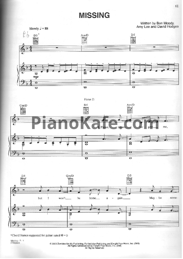 Evanescence missing piano sheet music free