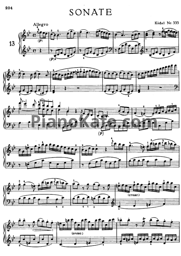 Ноты В. Моцарт - Соната №13 си-бемоль мажор (К. 333) - PianoKafe.com