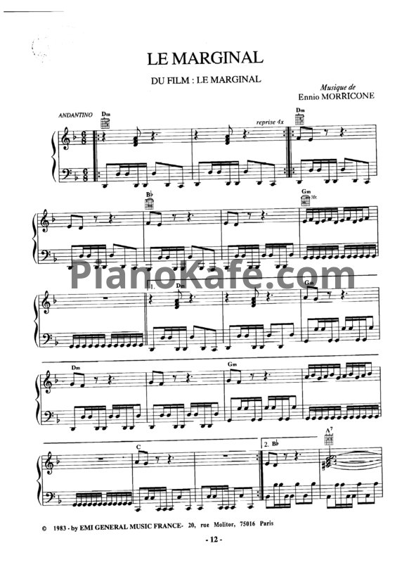Ноты Ennio Morricone - Le marginal - PianoKafe.com