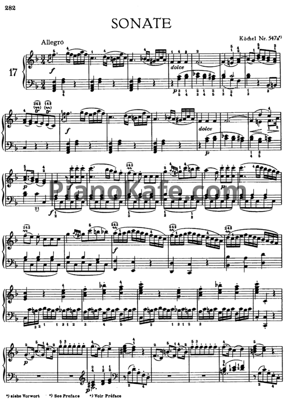 НОТЫ В. Моцарт - Соната №17 Фа Мажор К. 547а - Ноты Для Фортепиано.