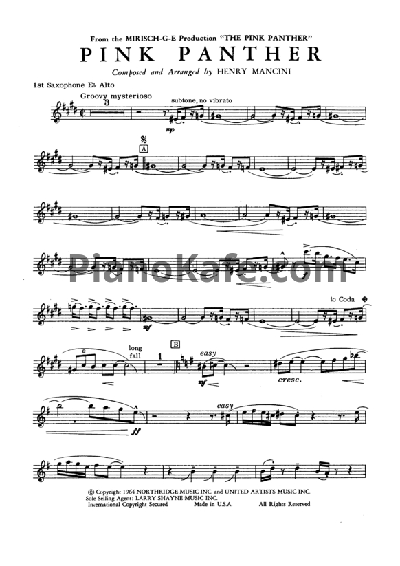 НОТЫ Henry Mancini - Pink Panther Theme - Ноты Для Саксофона.