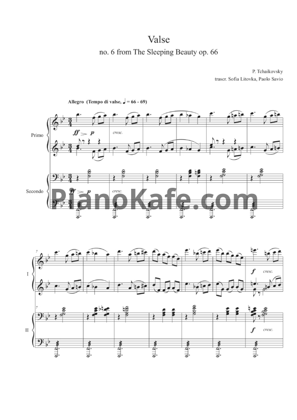 Ноты П. Чайковский - Вальс из балета "Спящая красавица" (в 4 руки) - PianoKafe.com