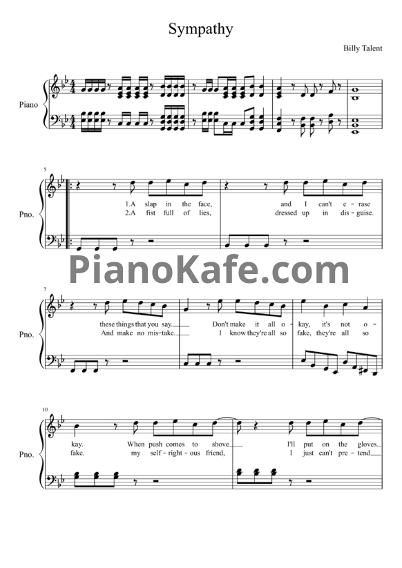 Ноты Billy Talent - Sympathy - PianoKafe.com