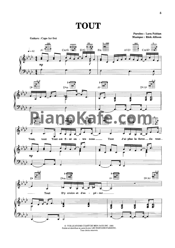 Ноты Lara Fabian - Tout - PianoKafe.com