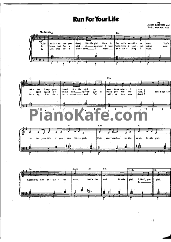 Ноты The Beatles - Run for your life - PianoKafe.com