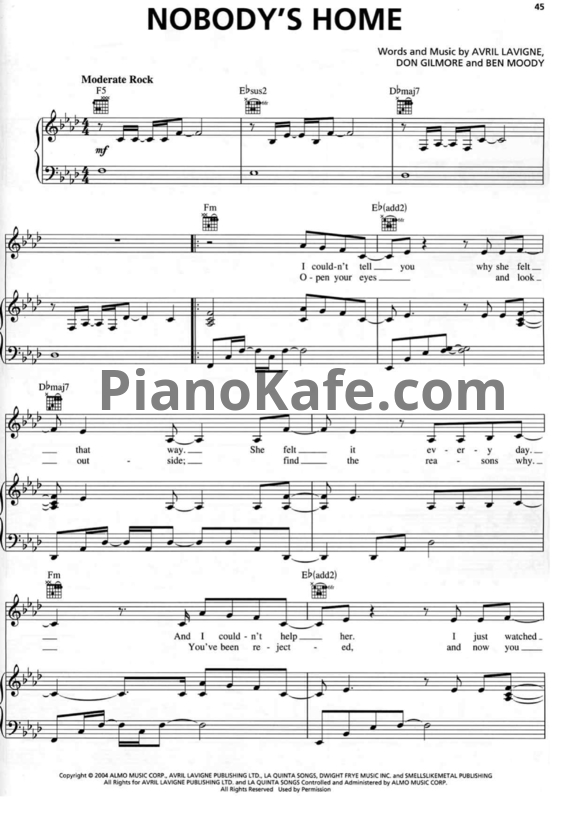 Ноты Avril Lavigne - Nobody's home - PianoKafe.com