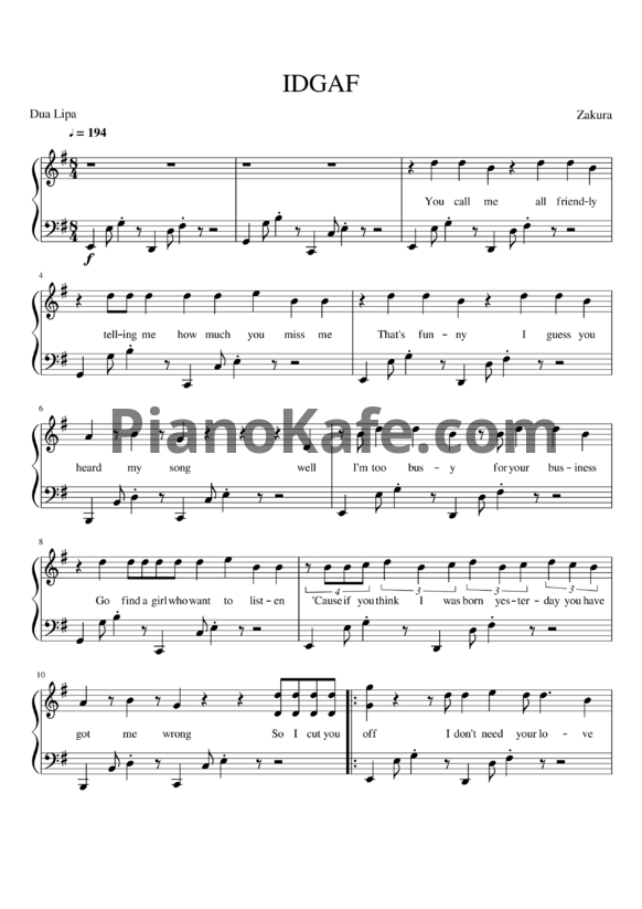 Ноты Dua Lipa - IDGAF - PianoKafe.com
