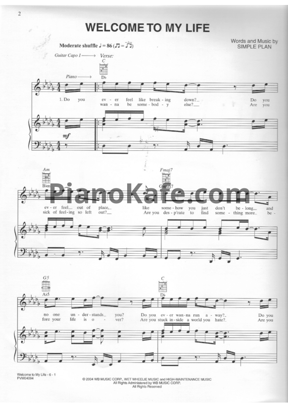 Ноты Simple Plan - Welcome to my life - PianoKafe.com
