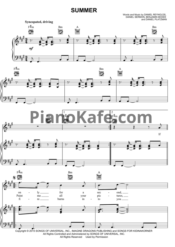 Ноты Imagine Dragons - Summer - PianoKafe.com
