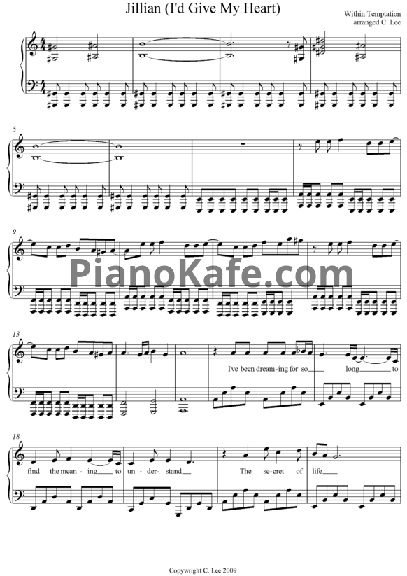 Ноты Within Temptation - Jillian (I'd give my heart) - PianoKafe.com