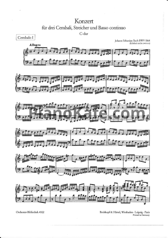 Ноты И. Бах - Концерт для трёх клавесинов с оркестром (BWV 1064) до мажор - PianoKafe.com