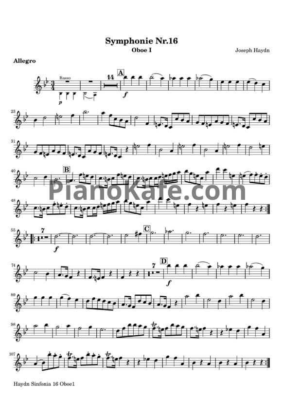 Ноты Йозеф Гайдн - Симфония №16 си-бемоль мажор (Партии инструментов) - PianoKafe.com