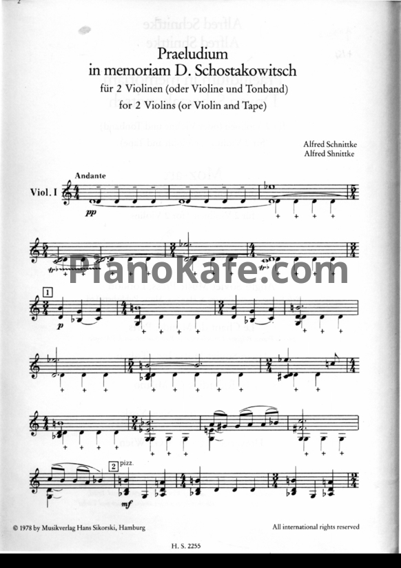 Ноты Альфред Шнитке - Прелюдия для двух скрипок (Памяти Д. Шостаковича) - PianoKafe.com
