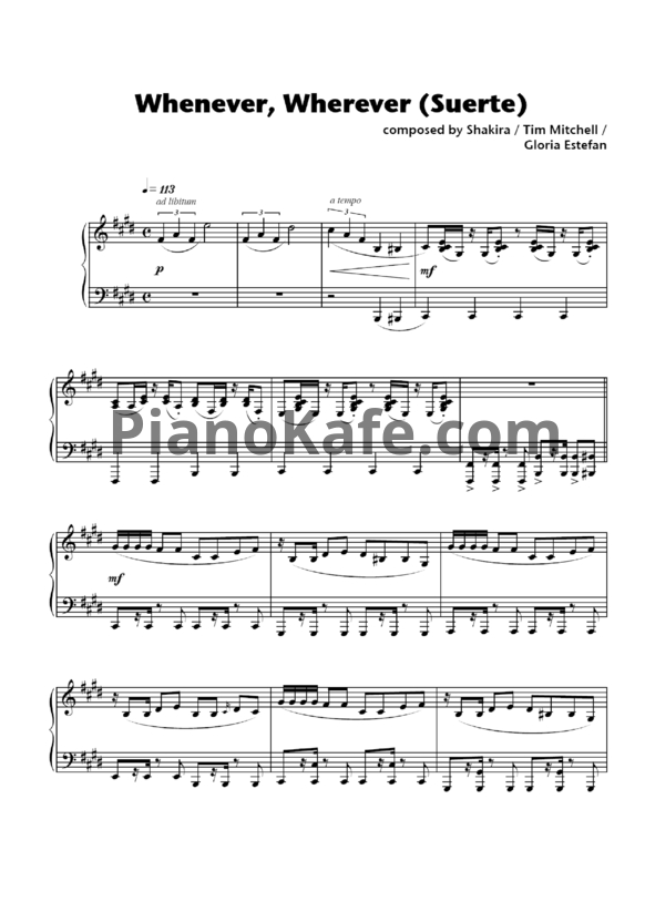 Ноты Shakira - Whenever, Wherever (Версия 2) - PianoKafe.com