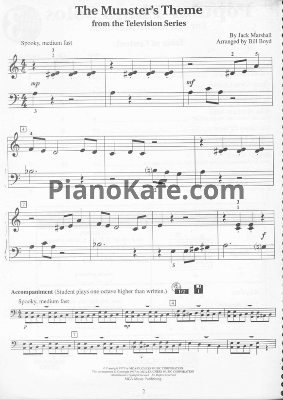 Ноты Jack Marshall - The munster's theme (Arranged by Bill Boyd) - PianoKafe.com
