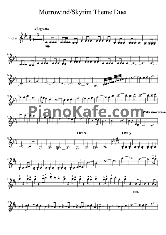 Ноты Jeremy Soule - Morrowind / Skyrim theme duet - PianoKafe.com