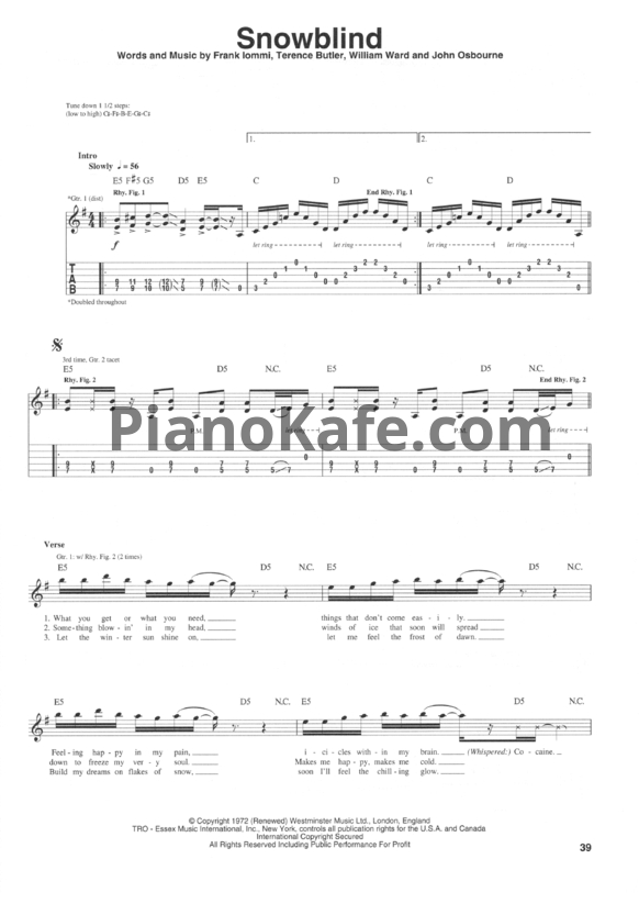 Ноты Black Sabbath - Snowblind (Guitar tabs & Voice) - PianoKafe.com