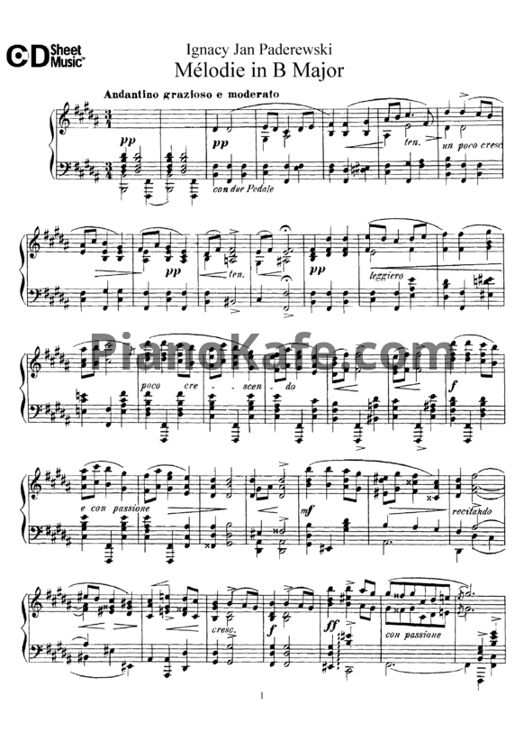 Ноты И. Падеревский - Мелодия си мажор (Op. 8, №3) - PianoKafe.com