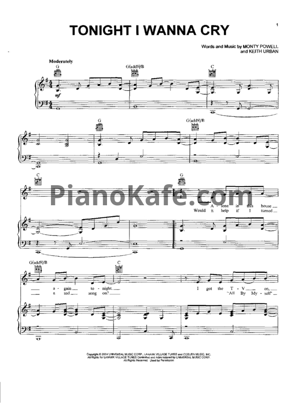 Ноты Keith Urban - Tonight I wanna cry - PianoKafe.com