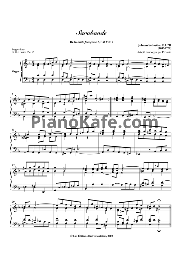 Ноты И. Бах - BWV 812: Sarabande - PianoKafe.com