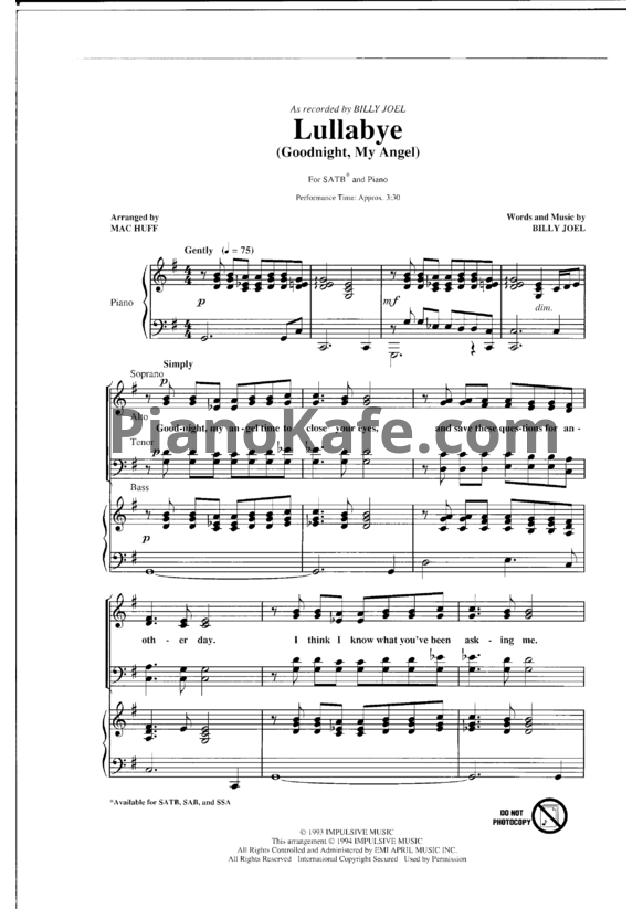Ноты Billy Joel - Lullabye (Goodnight, My Angel) - PianoKafe.com