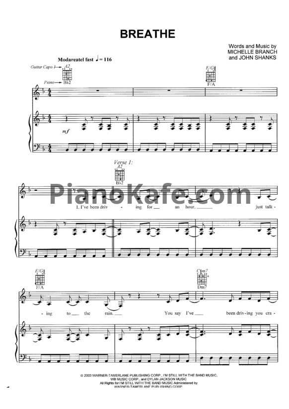 Ноты Michelle Branch - Breathe - PianoKafe.com
