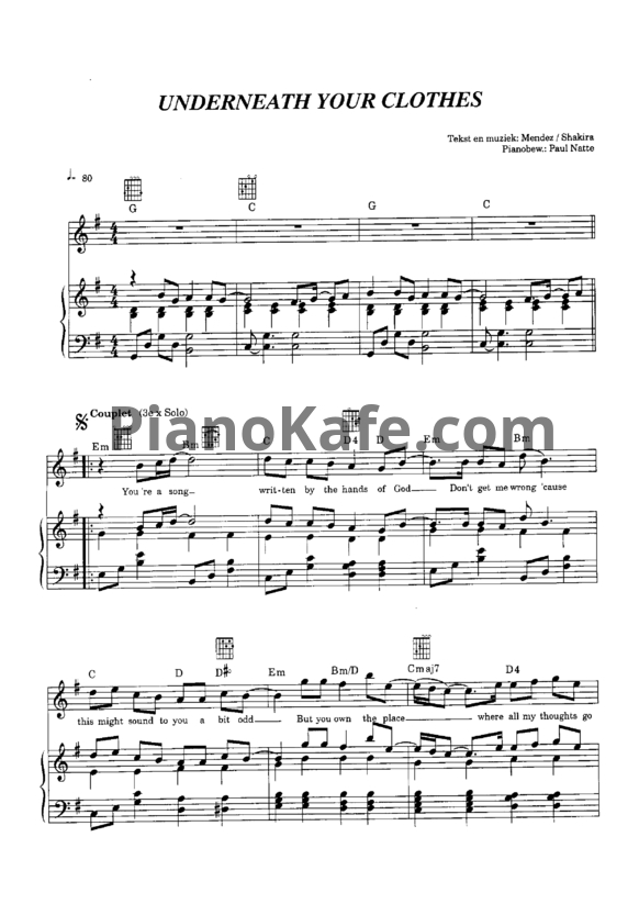 Ноты Shakira - Underneath your clothes - PianoKafe.com