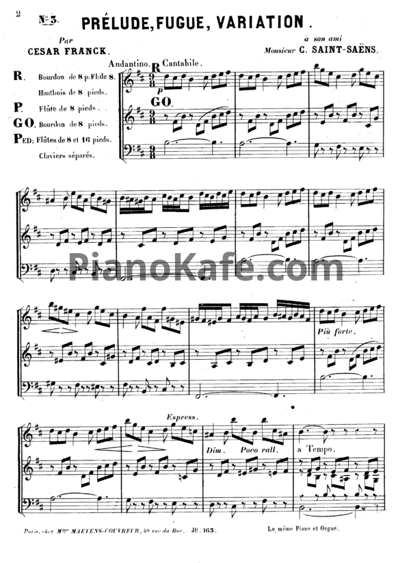 Ноты Сезар Франк - Прелюдия, фуга и вариация (Оp.18). Переложение для органа - PianoKafe.com