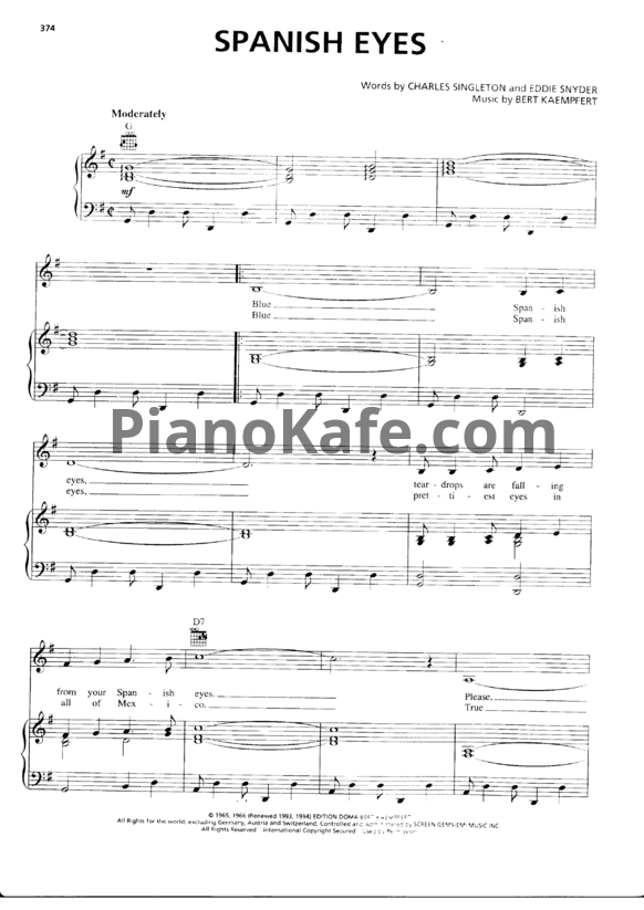 Ноты Elvis Presley - Spanish eyes (Версия 2) - PianoKafe.com