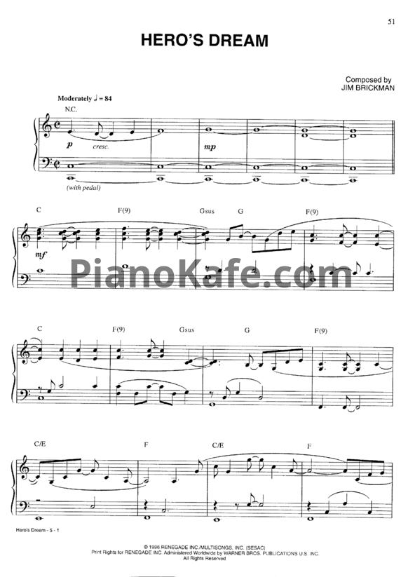 Ноты Jim Brickman - Hero's dream (Версия 2) - PianoKafe.com