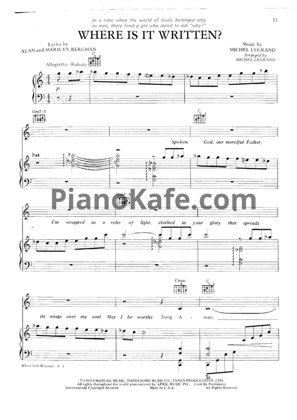 Ноты Michel Legrand - Where is it written? - PianoKafe.com