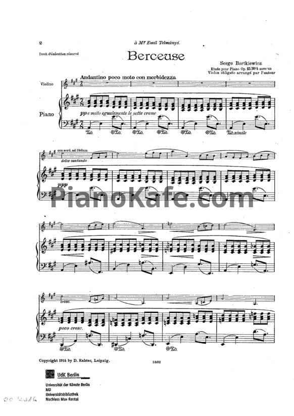 Ноты С. Борткевич - Этюд "Berceuse" (Op. 15, №4) - PianoKafe.com