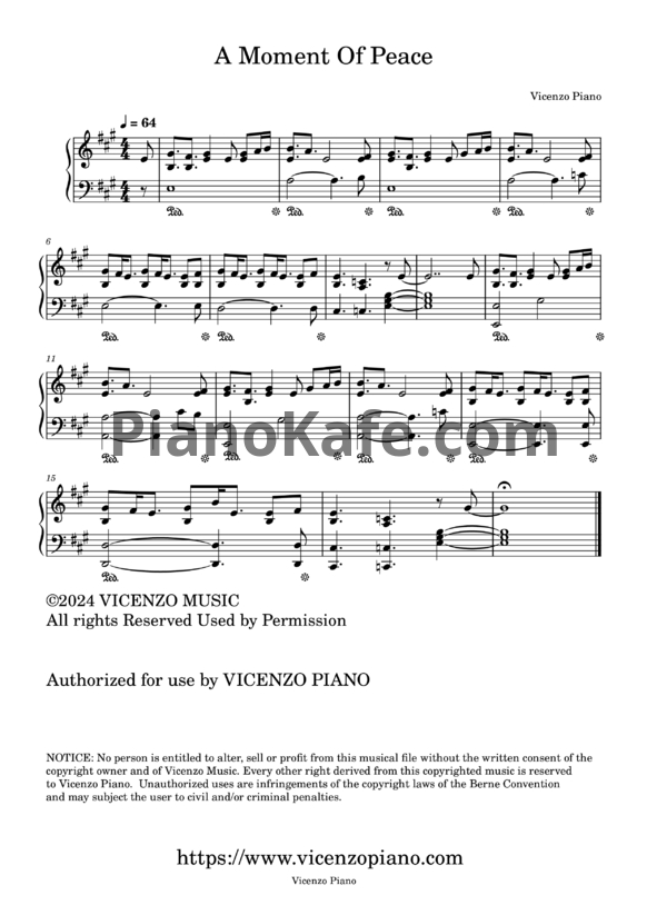 Ноты Vicenzo Piano - A Moment Of Peace - PianoKafe.com