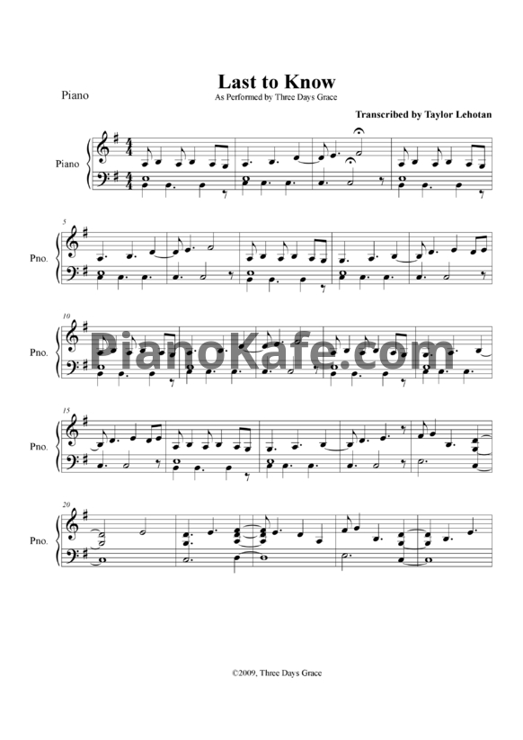 Ноты Three Days Grace - Last to know - PianoKafe.com