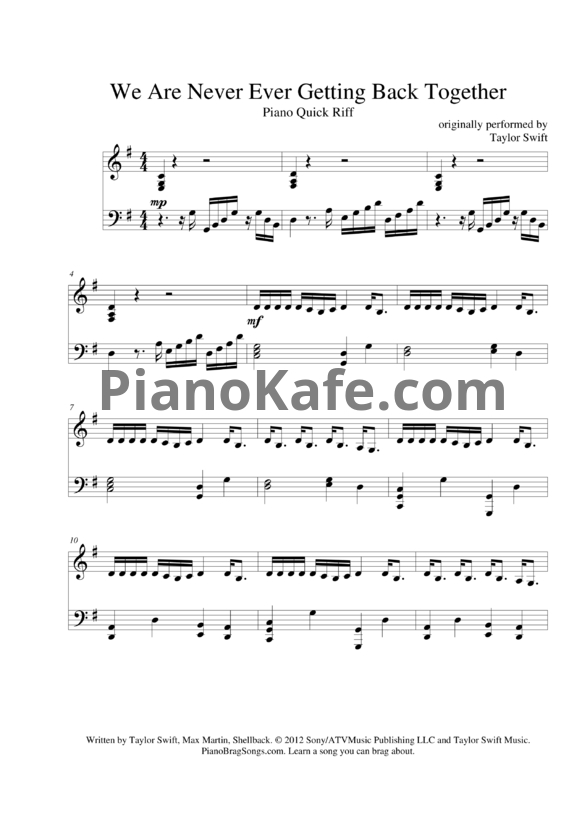 Ноты Taylor Swift - We are never ever getting back together (Версия 2) - PianoKafe.com
