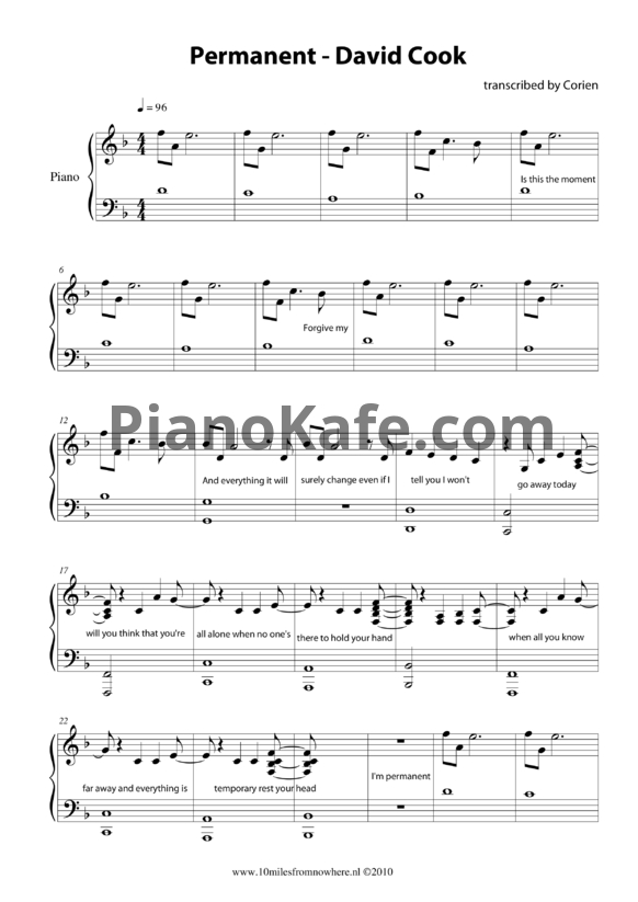 Ноты David Cook - Permanent (Версия 2) - PianoKafe.com