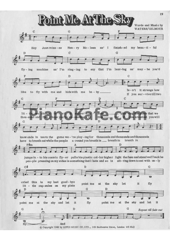 Ноты Pink Floyd - Point me at the sky (Вокальная партия) - PianoKafe.com