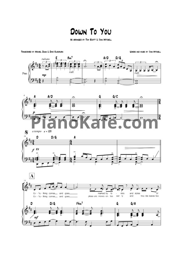 Ноты Joni Mitchell - Down to you - PianoKafe.com