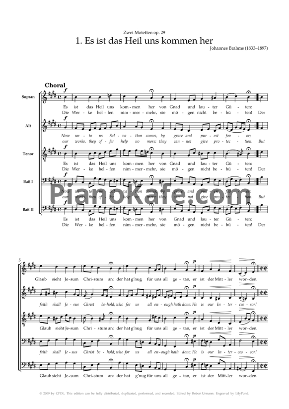 Ноты И. Брамс - Два мотета для пятиголосного смешанного хора a capella (1860): № 1 `Es ist das Heil uns kommen her` (op. 29, № 1) - PianoKafe.com