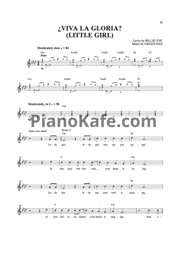 Ноты Green Day - Viva la gloria (Little girl) - PianoKafe.com