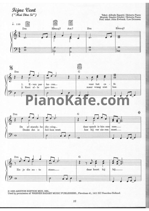 Ноты Marco Borsato - Fijne Vent - PianoKafe.com