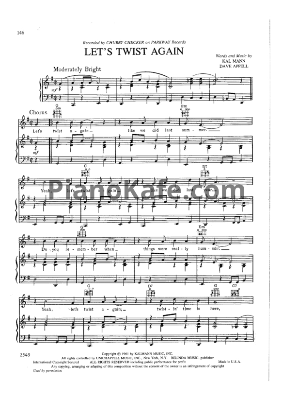 Ноты Chubby Checker - Let's twist again - PianoKafe.com
