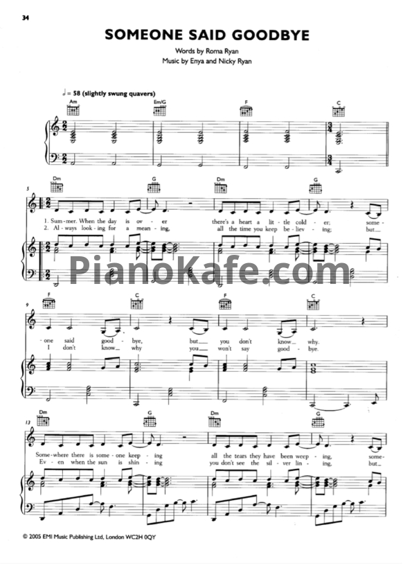 Ноты Enya - Someone said goodbye - PianoKafe.com