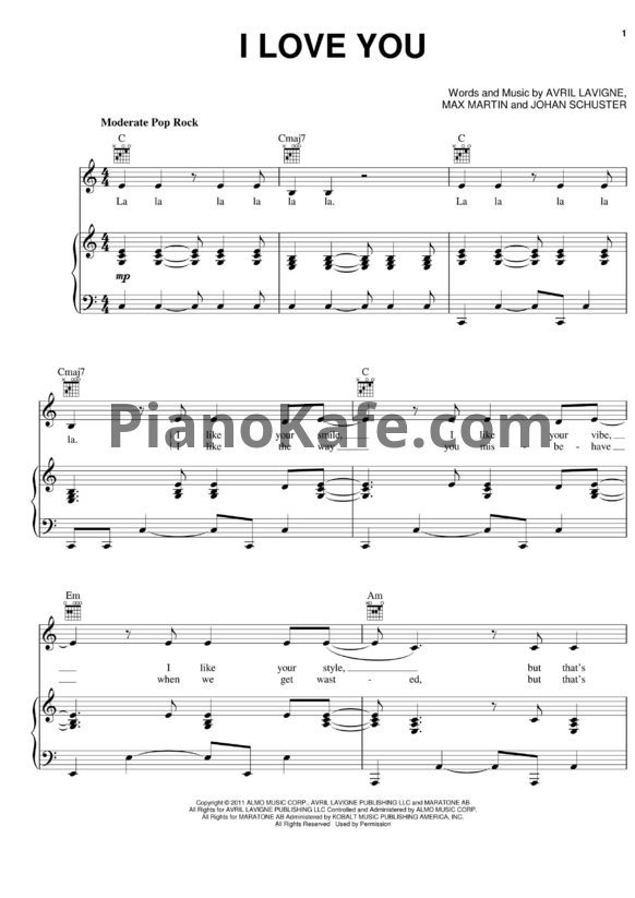 Ноты Avril Lavigne - I love you - PianoKafe.com