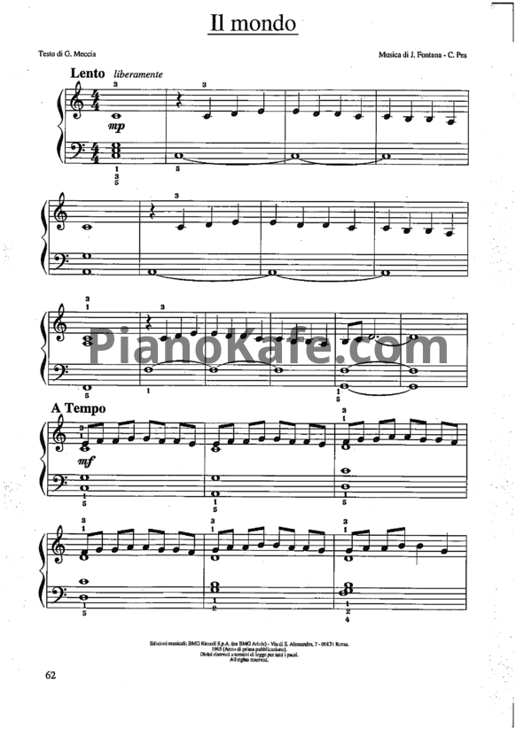Ноты Jimmy Fontana - Il mondo - PianoKafe.com