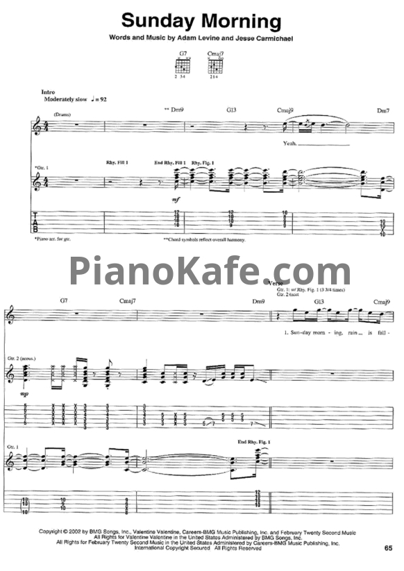 Ноты Maroon 5 - Sunday morning - PianoKafe.com