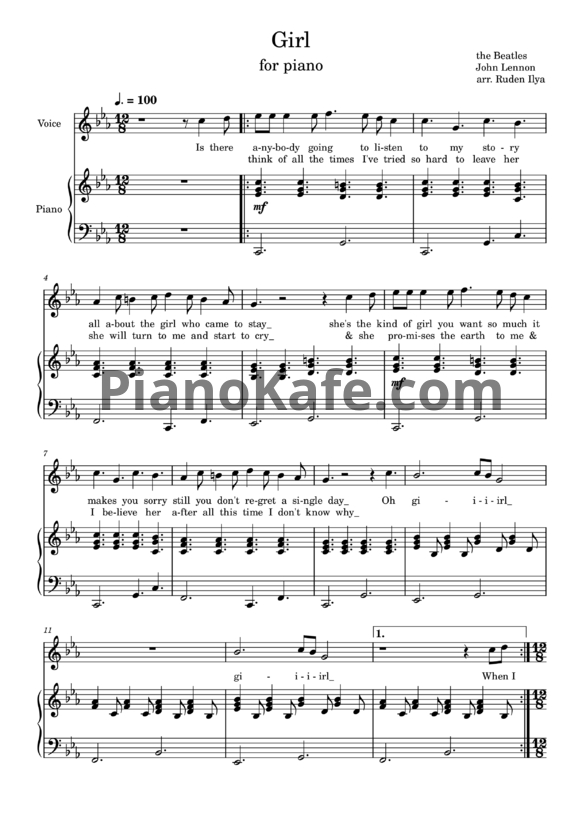 Ноты The Beatles - Girl (arr. Ruden Ilya) - PianoKafe.com