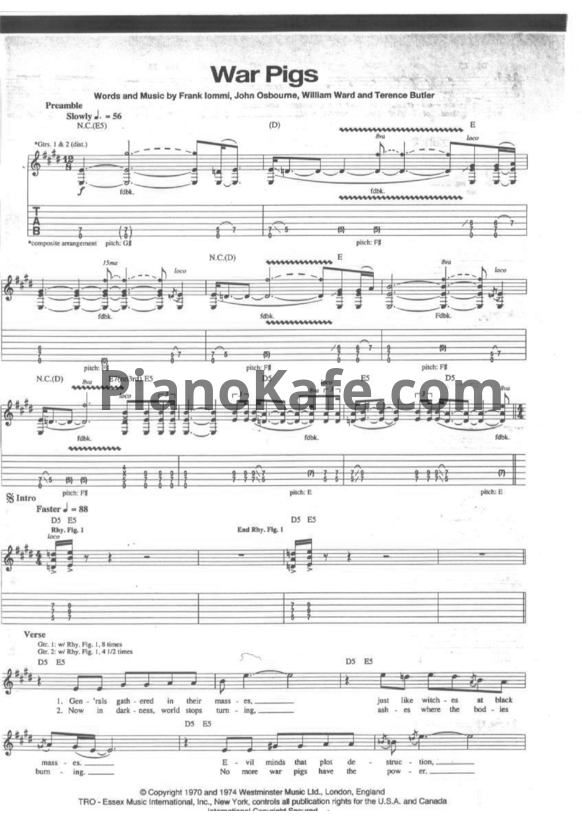 Ноты Black Sabbath - War pigs (Guitar tabs & Voice) - PianoKafe.com